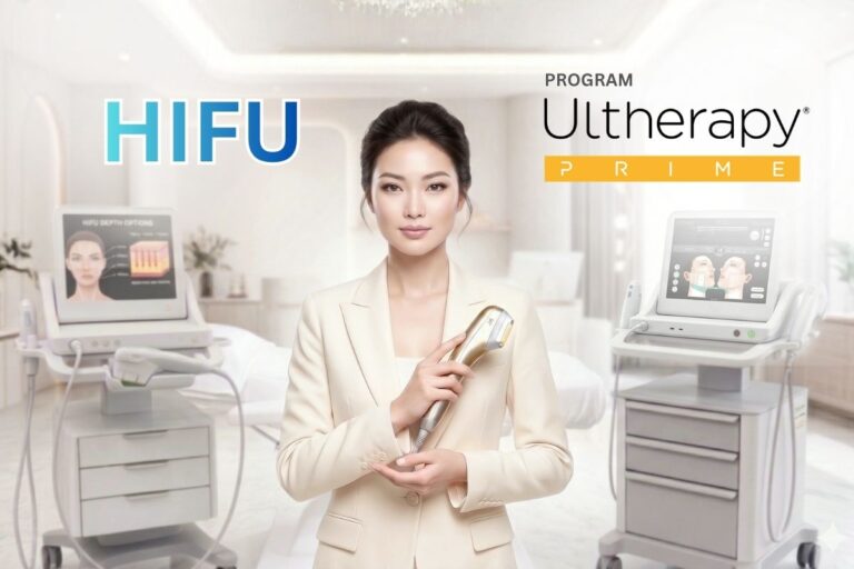 ภาพถ่ายโปรโมตระดับพรีเมียมในคลินิกเวชกรรมเสริมความงามที่หรูหราทันสมัย โดยมีนางแบบชาวเอเชียในชุดสูทสีครีมถืออุปกรณ์ยกกระชับ Ultherapy สีทองอย่างสง่างามอยู่ตรงกลาง ระหว่างเครื่องมือแพทย์ 2 เครื่อง: เครื่องแรกแสดงกราฟิก "HIFU Depth Options" และอีกเครื่องแสดงหน้าจอจำลอง "Ultherapy UI" โดยมีฉากหลังเป็นห้องหัตถการที่มีเตียงทรีทเมนต์และกระจกโค้ง